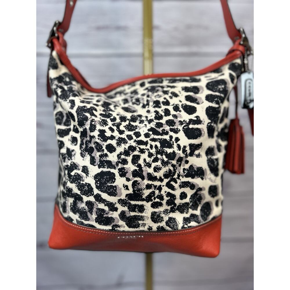 Coach Ocelot Cheetah Shoulder Bag Purse Red Black Cream Tassel Hang Tag - Picture 2 of 10